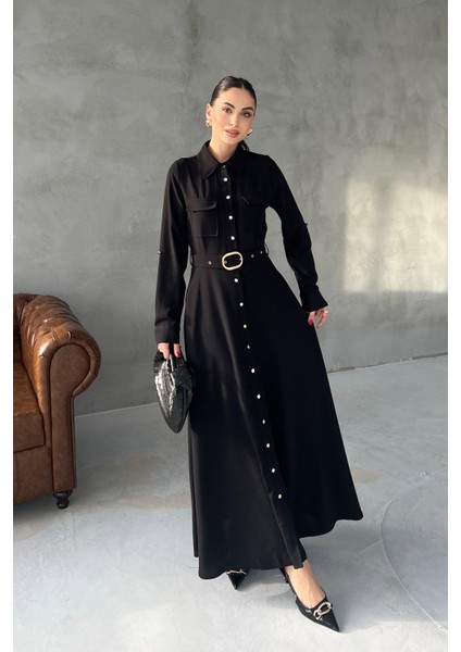 Siyah Kemerli Düğme Detay Uzun Elbise