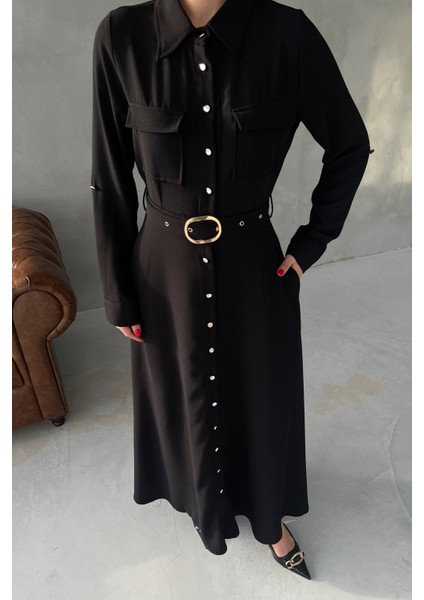 Siyah Kemerli Düğme Detay Uzun Elbise fiyatları
