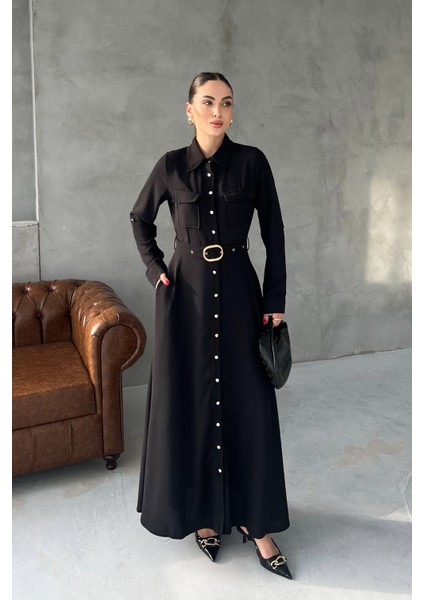 Siyah Kemerli Düğme Detay Uzun Elbise modelleri