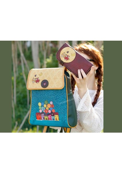 Baykuş Figürlü Kapaklı Sırt Çantası Etnik Bohem Style Cüzdan Kombin Çanta Yeşil Cüzdan Bordo