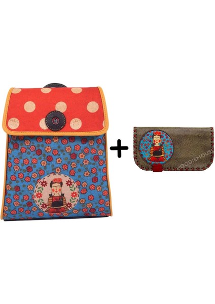 Frida Mavi Figürlü Kapaklı Sırt Çantası Etnik Bohem Style Cüzdan Kombin Yesil