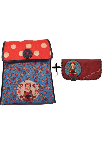 Frida Mavi Figürlü Kapaklı Sırt Çantası Etnik Bohem Style Cüzdan Kombin Bordo