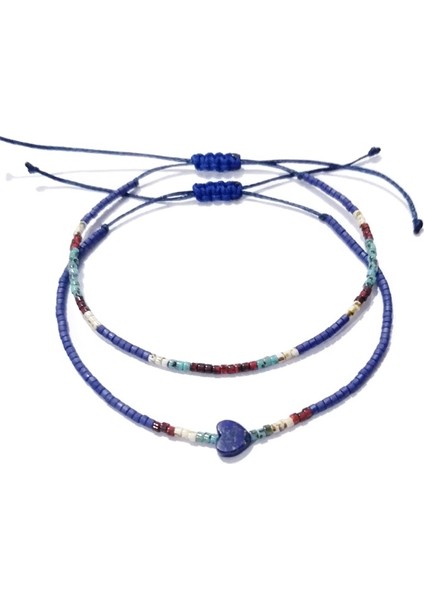 Kalp Şeklinde Lapis Lazuli Doğaltaşlı Mat Lacivert ve Desenli Miyuki Boncuklu Ikili Bileklik