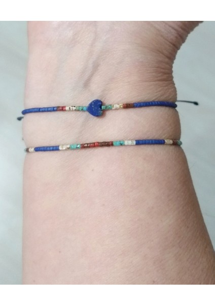 Kalp Şeklinde Lapis Lazuli Doğaltaşlı Mat Lacivert ve Desenli Miyuki Boncuklu Ikili Bileklik modelleri