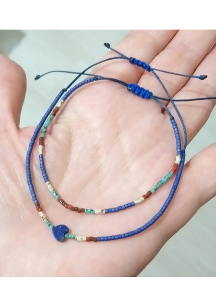 Kalp Şeklinde Lapis Lazuli Doğaltaşlı Mat Lacivert ve Desenli Miyuki Boncuklu Ikili Bileklik indirimleri
