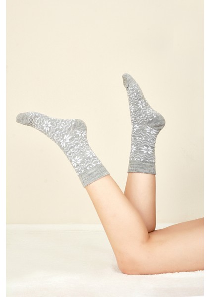 Gri Winter Themed Soft Uzun Soket Çorap