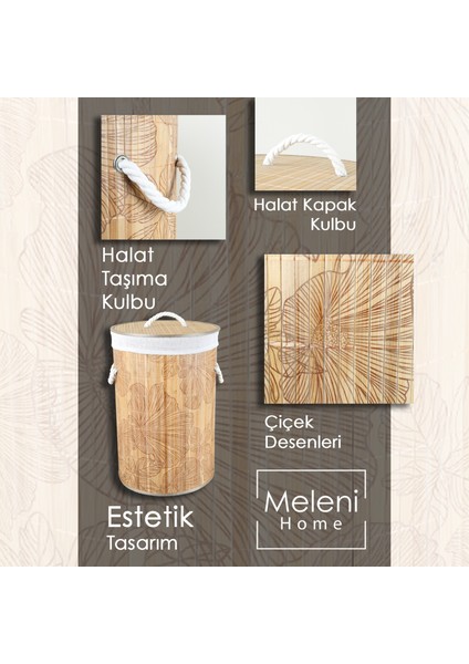 Desenli Bambu Katlanabilir Çamaşır Sepeti - Düzenleyici Sepet Katlanır Kirli Sepeti Yuvarlak 50 Lt modelleri