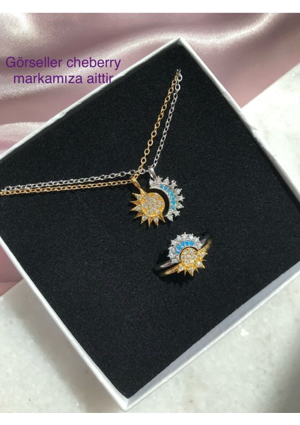 Pandora Model Ay ve Güneş Ikili Kolye ve Ikili Yüzük Seti 4'lü Ayarlanabilir Yüzük Kararmaya Dayanıklı Cheberry Kolye Seti