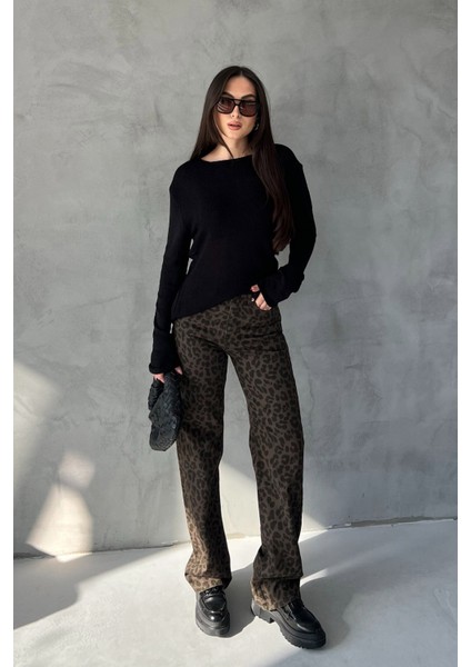 Haki Leopar Desen Yüksek Bel Denim Pantolon