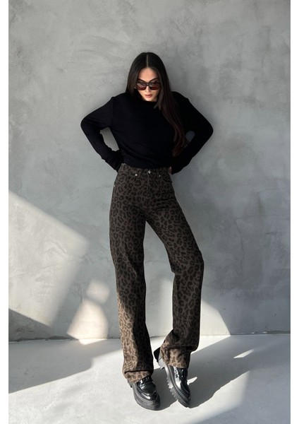 Haki Leopar Desen Yüksek Bel Denim Pantolon