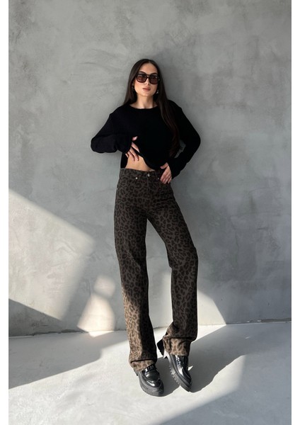 Haki Leopar Desen Yüksek Bel Denim Pantolon