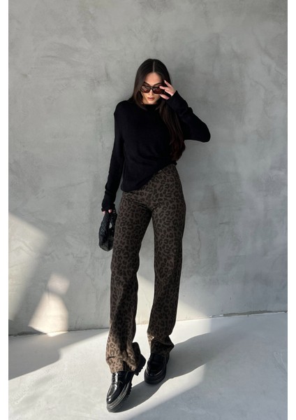 Haki Leopar Desen Yüksek Bel Denim Pantolon