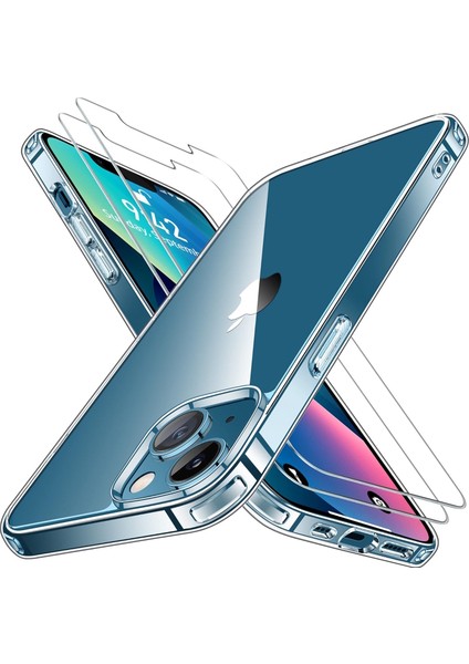 Apple iPhone 13 Kılıf Kamera Çıkıntılı Korumalı Yumuşak Şeffaf Silikon + 9h Ekran Koruyucu Cam Set 2in1