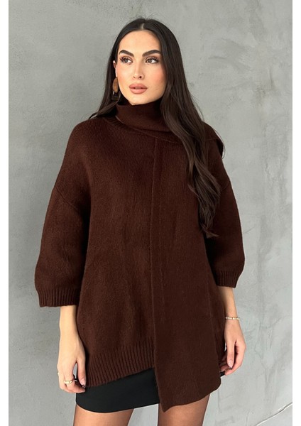 Kahverengi Kısa Kollu Şal Detay Oversize Kazak