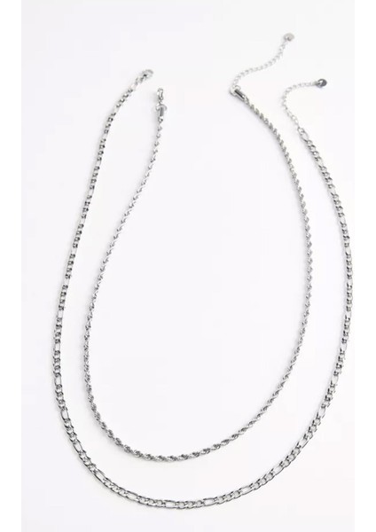 Gümüş Rengi Basic Burgu ve Figaro Erkek Zincir Kolye 2 'li Set