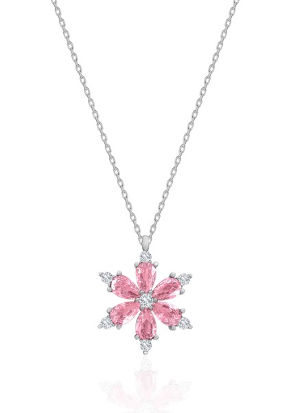 Pembe Kuvars Taşlı Lotus Çiçeği Gümüş Kolye 925 Ayar Gümüş Kolye ST032