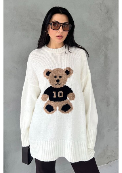 Ekru Teddy Bear Nakışlı Triko Kazak