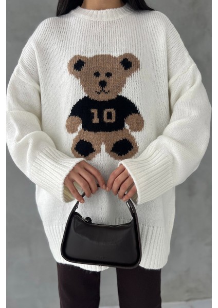 Ekru Teddy Bear Nakışlı Triko Kazak