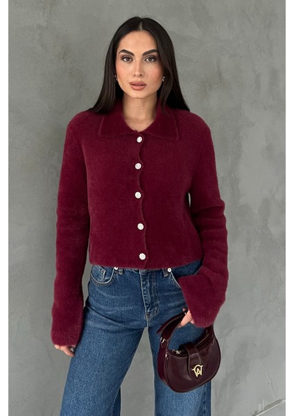 Bordo Çiçek Düğmeli Yumoş Hırka