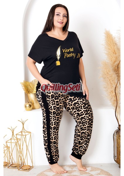 Siyah Renk Leopar Desenli Kadın Kısa Kol Büyük Beden Anne Pijama Takımı -10982