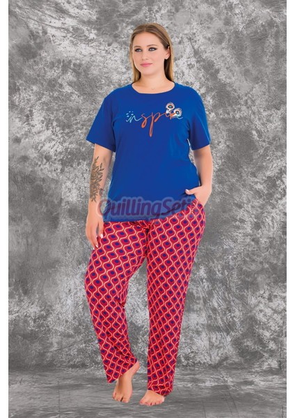 Koyu Mavi Renk ve Desenli Kadın Kısa Kol Büyük Beden Anne Pijama Takımı -10981