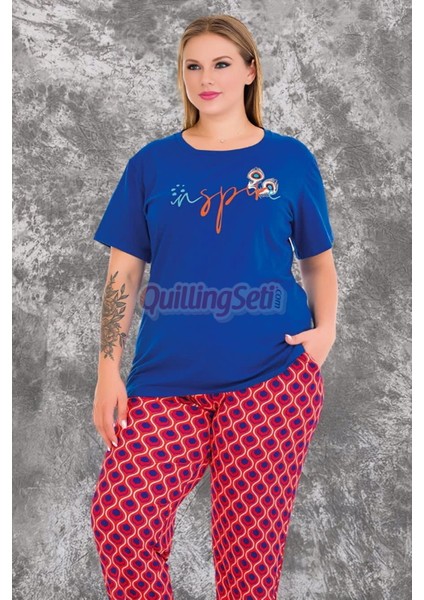 Koyu Mavi Renk ve Desenli Kadın Kısa Kol Büyük Beden Anne Pijama Takımı -10981 modelleri