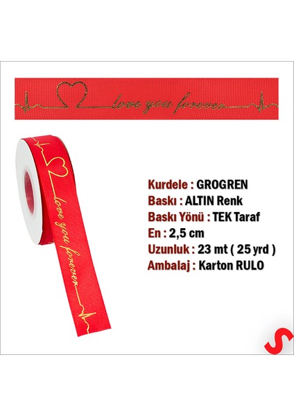 Grogren Kurdele Love You Altın Baskılı, 2,5 cm x 23MT - Kırmızı fiyatları