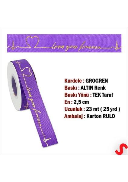 Grogren Kurdele Love You Altın Baskılı, 2,5 cm x 23MT - Mor