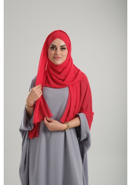 Kırmızı Pratik Hazır Geçmeli Bone Şal Şifon Kendinden Boneli Tek Bantlı 1453_31