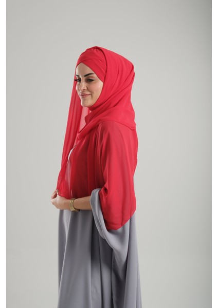 Kırmızı Pratik Hazır Geçmeli Bone Şal Şifon Kendinden Boneli Tek Bantlı 1453_31