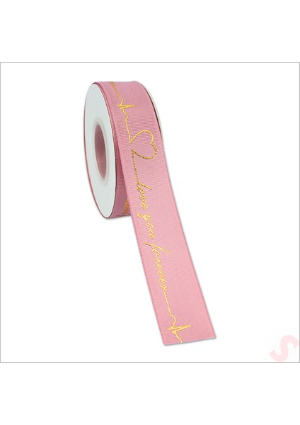 Grogren Kurdele Love You Altın Baskılı, 2,5 cm x 23MT - Pembe