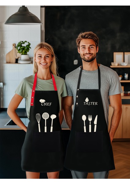Kumaş Mutfak Önlüğü Seti 2'li Leke Tutmaz Su Itici %65 Pamuk %35 Polyester Chef Taster Önlük