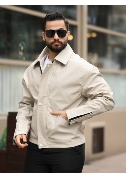 Erkek, Relax-Fit, Gömlek Yaka, Çıtçıt-Fermuar Kapama, Suni Deri Ceket USE566