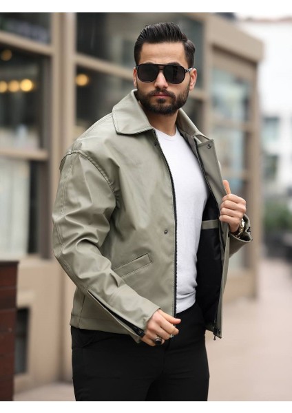 Erkek, Relax-Fit, Gömlek Yaka, Çıtçıt-Fermuar Kapama, Suni Deri Ceket USE566