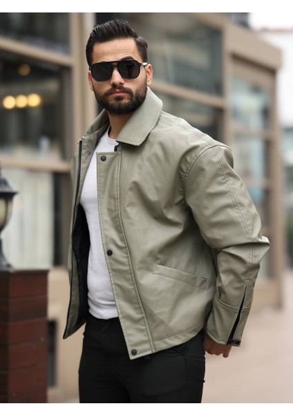 Erkek, Relax-Fit, Gömlek Yaka, Çıtçıt-Fermuar Kapama, Suni Deri Ceket USE566 fırsatları