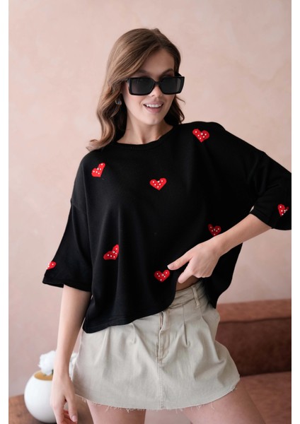 Kadın Bisiklet Yaka Taş Işlemeli Salaş Triko Kazak