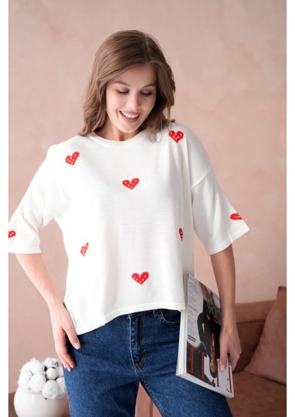 Kadın Bisiklet Yaka Taş Işlemeli Salaş Triko Kazak