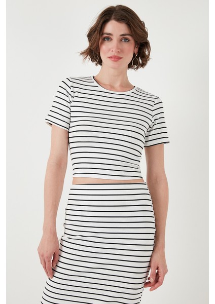 Çizgili Slim Fit Bisiklet Yaka Yırtmaçlı Midi Boy Etekli Crop Takım Bayan Takım 5866132 fırsatları