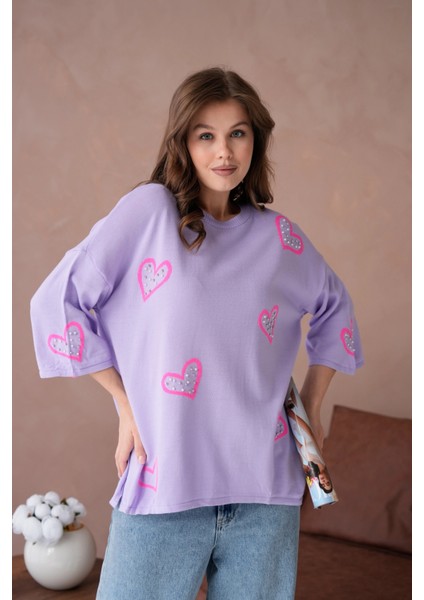 Kadın Taş Işlemeli Salaş Triko Kazak