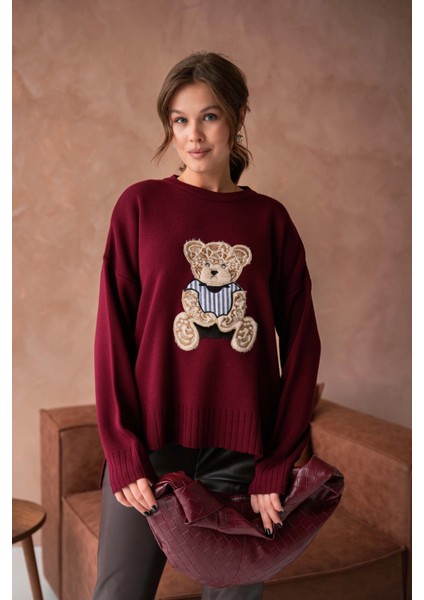 Kadın Bisiklet Yaka Aplikeli Arkası Uzun Salaş Triko Kazak