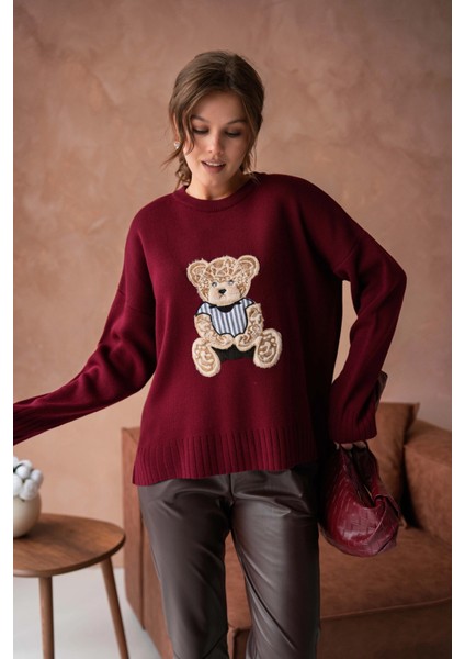 Kadın Bisiklet Yaka Aplikeli Arkası Uzun Salaş Triko Kazak modelleri