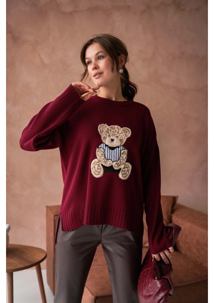 Kadın Bisiklet Yaka Aplikeli Arkası Uzun Salaş Triko Kazak indirimleri