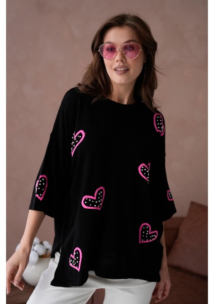 Kadın Taş Işlemeli Salaş Triko Kazak