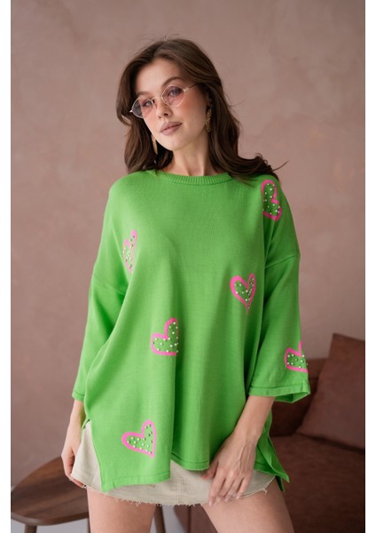 Kadın Taş Işlemeli Salaş Triko Kazak