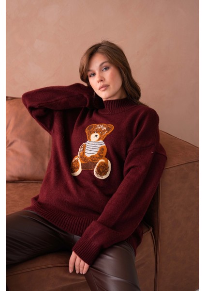 Kadın Bisiklet Yaka Nakış Detaylı Salaş Triko Kazak