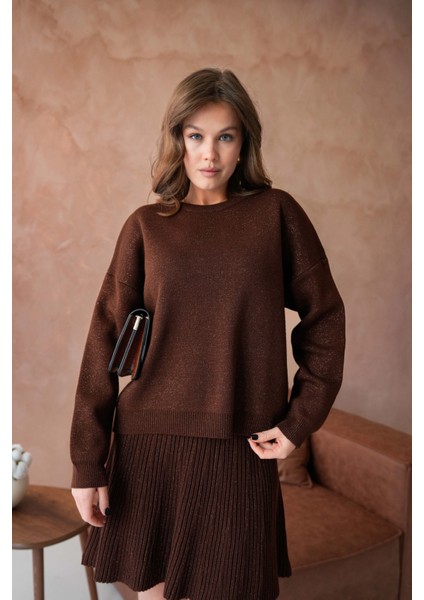 Kadın Bisiklet Yaka Lurex Salaş Etekli Triko Takım