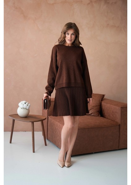 Kadın Bisiklet Yaka Lurex Salaş Etekli Triko Takım modelleri