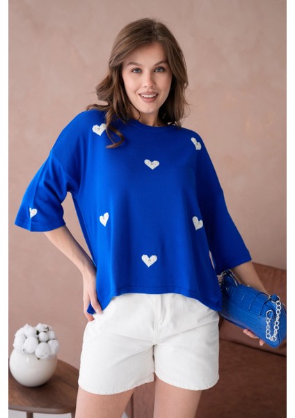 Kadın Bisiklet Yaka Taş Işlemeli Salaş Triko Kazak