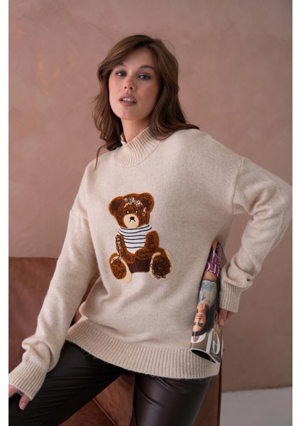 Kadın Bisiklet Yaka Nakış Detaylı Salaş Triko Kazak modelleri