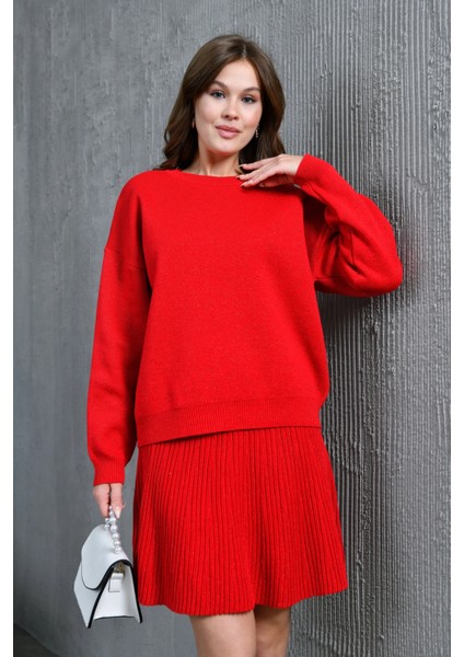 Kadın Bisiklet Yaka Lurex Salaş Etekli Triko Takım